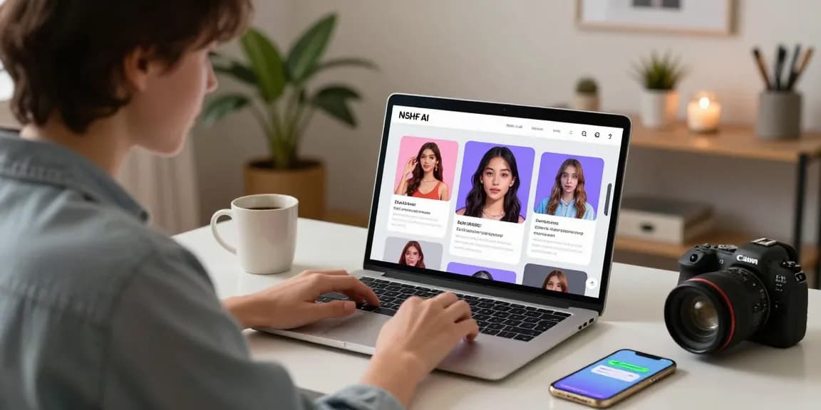 User customizing NSFW AI features on a laptop in a cozy home office, showcasing playful character visuals and vibrant interaction.