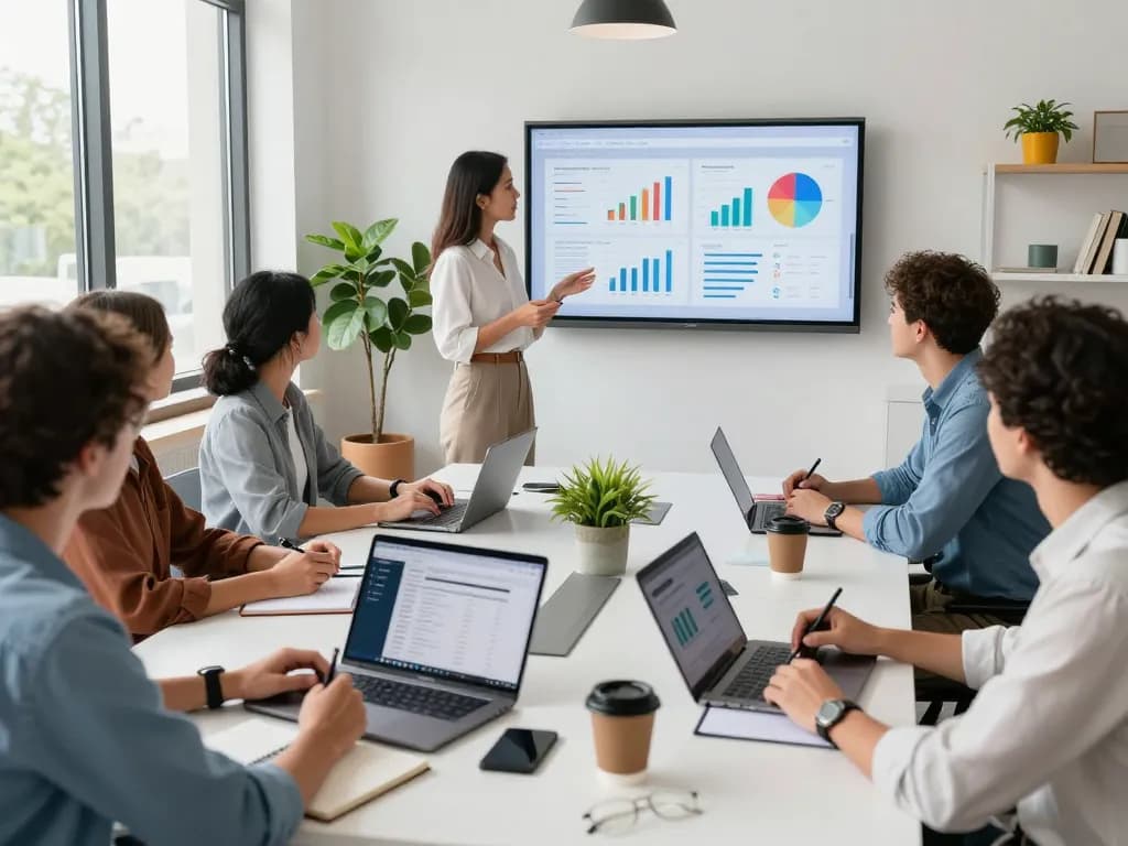 Tech gadgets for productivity in a modern office setting with collaborative professionals and technology.