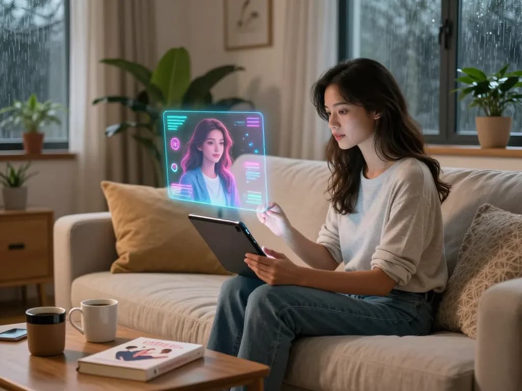Engaging moment of a woman chatting with her AI girlfriend, showcasing modern companionship.