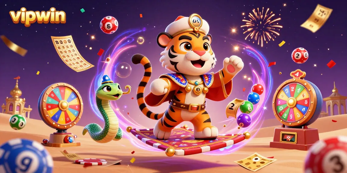 Experience winning excitement with vipwin in a vibrant casino-themed scene featuring festive elements.