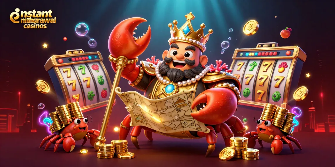 Experience instant withdrawal casinos with a vibrant scene featuring a golden crab emperor and slot reels.