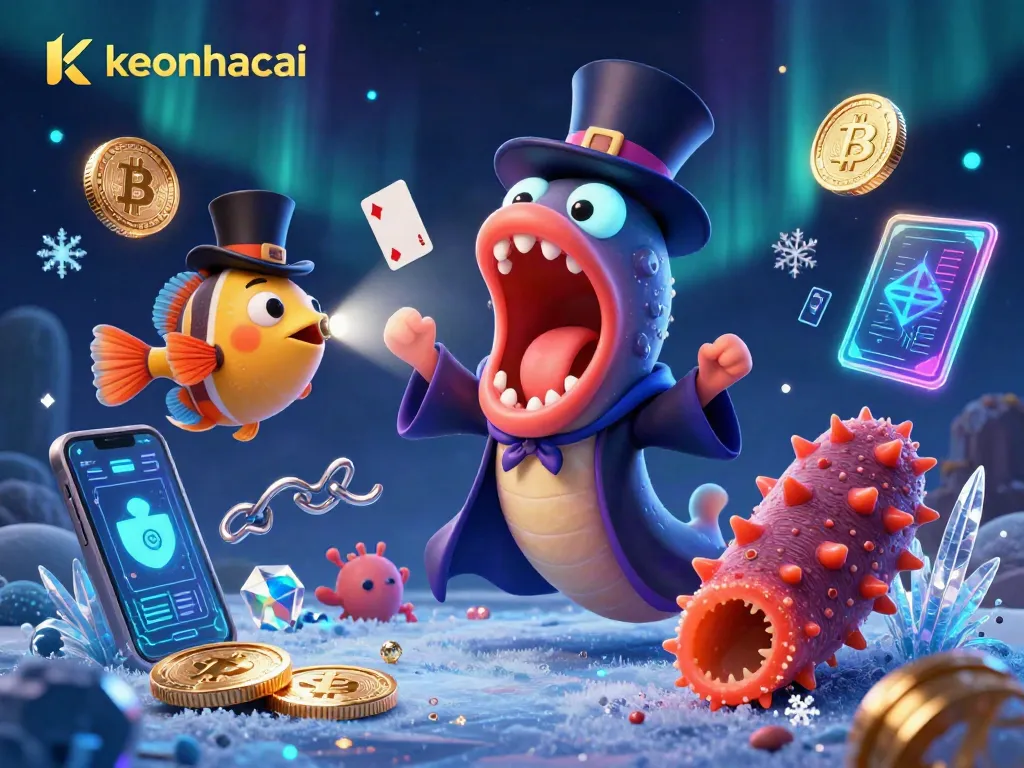 Engage in keonhacai magic with 3D cartoon deep-sea creatures performing captivating tricks amidst glowing cryptocurrency symbols.