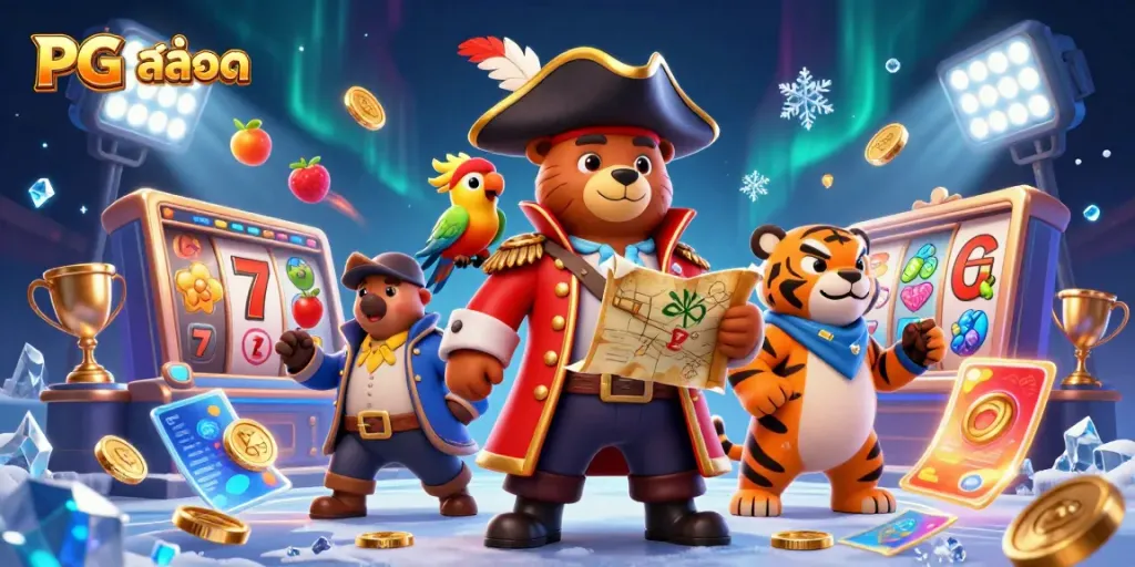 Experience excitement with PG สล็อต as the pirate bear leads on a colorful slot adventure.