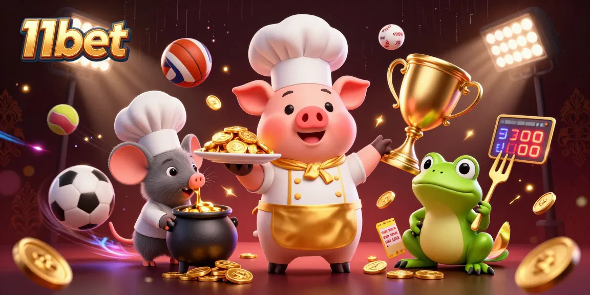 Engage with 11bet as the chef pig serves gold coins with excitement in this vibrant casino scene.