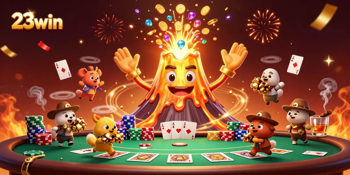 Engage in thrilling gameplay at 23win with an erupting volcano of treasures and vibrant casino elements.