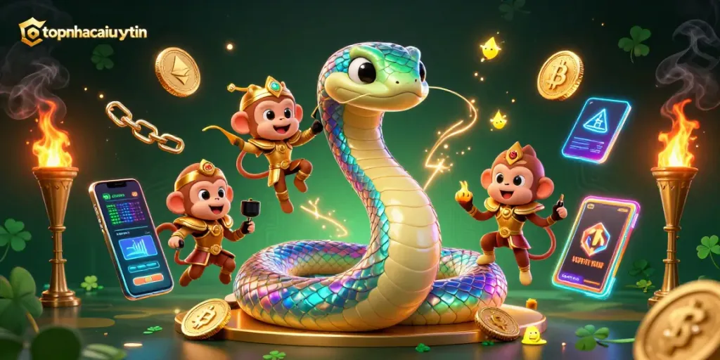 Spin the reels with topnhacaiuytin in an engaging crypto casino illustration featuring vibrant characters and elements.