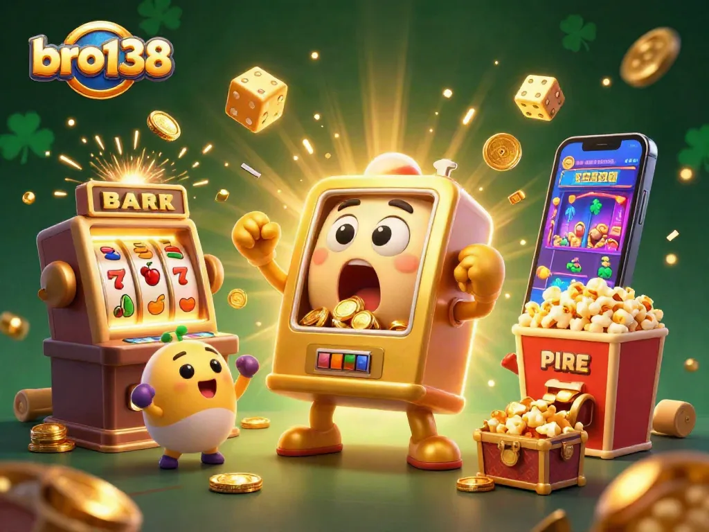 Experience the excitement at bro138 with a joyful slot machine celebrating a jackpot win, surrounded by casino game elements.