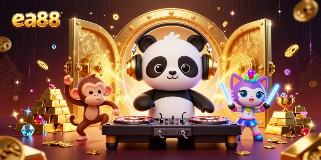 Experience the excitement of ea88 with a dynamic DJ panda, breakdancing monkey, and glowing kitten in a vibrant casino scene.