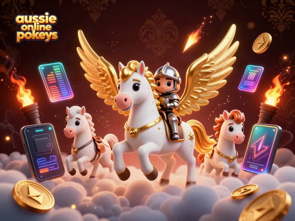 Play aussie online pokies with a vibrant 3D scene featuring a celestial horse and knight.