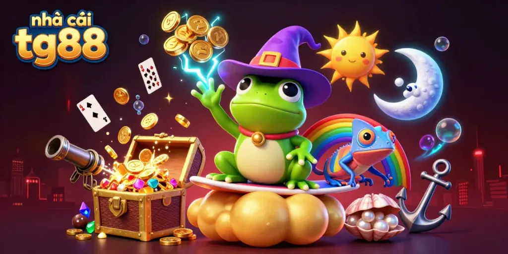 Experience the thrills at Nhà cái tg88 with vibrant characters, golden coins, and a colorful dynamic scene.