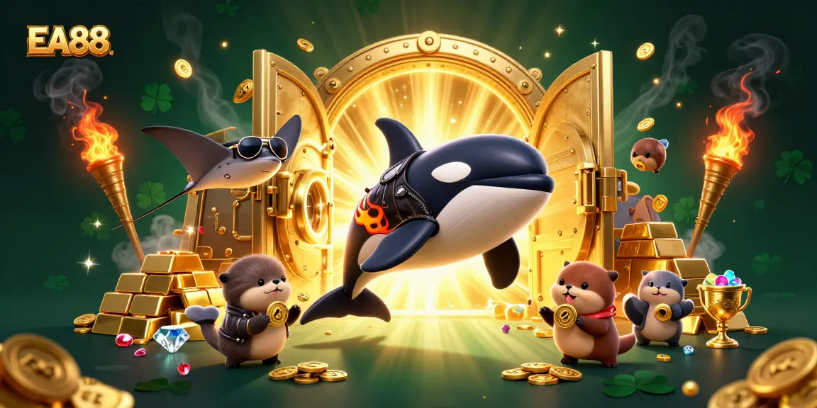 Experience EA88's vibrant online gaming world with playful sea creatures in a dynamic treasure scene.