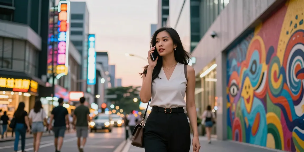 Gái gọi trong trang phục sành điệu, tự tin giữa phố thị sôi động với ánh đèn neon.