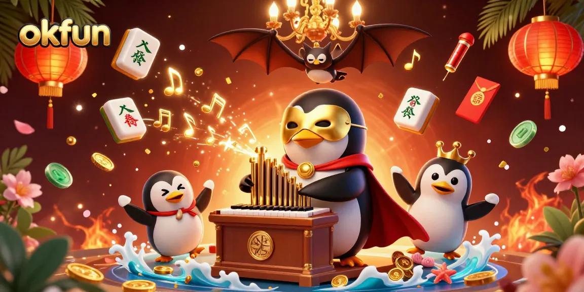 Experience the excitement of okfun with a dynamic casino scene featuring a penguin organist and treasure elements.