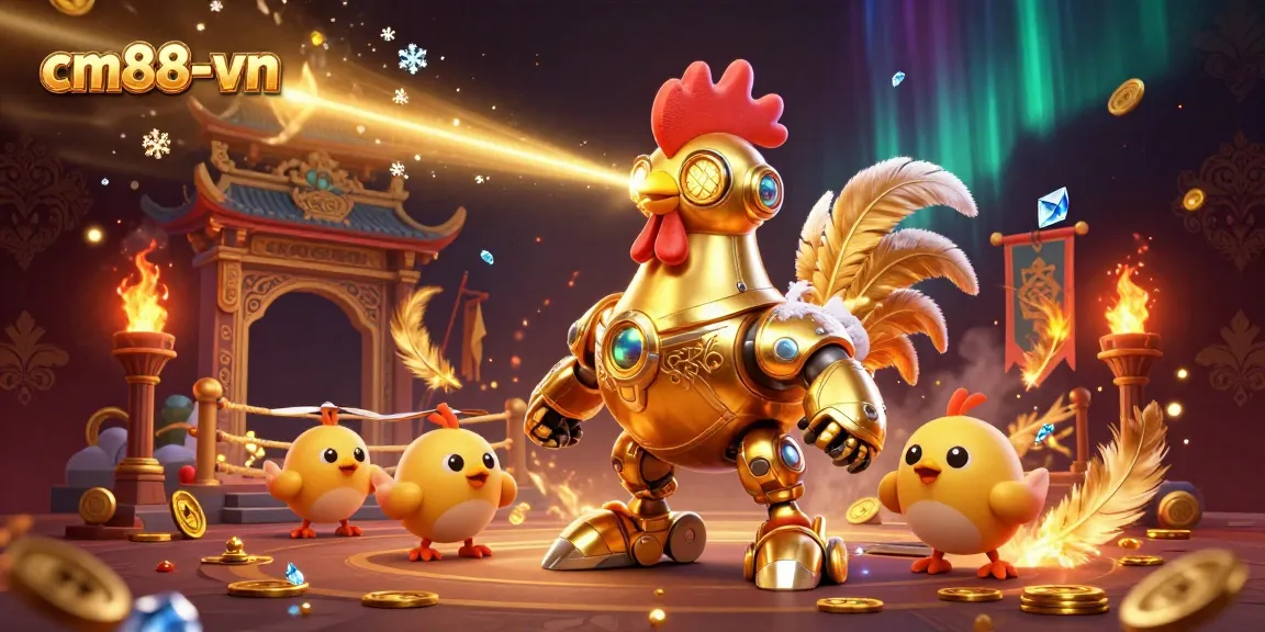 Engage in thrilling gameplay at cm88-vn with exciting golden rooster robot and baby chick drones amidst casino elements.