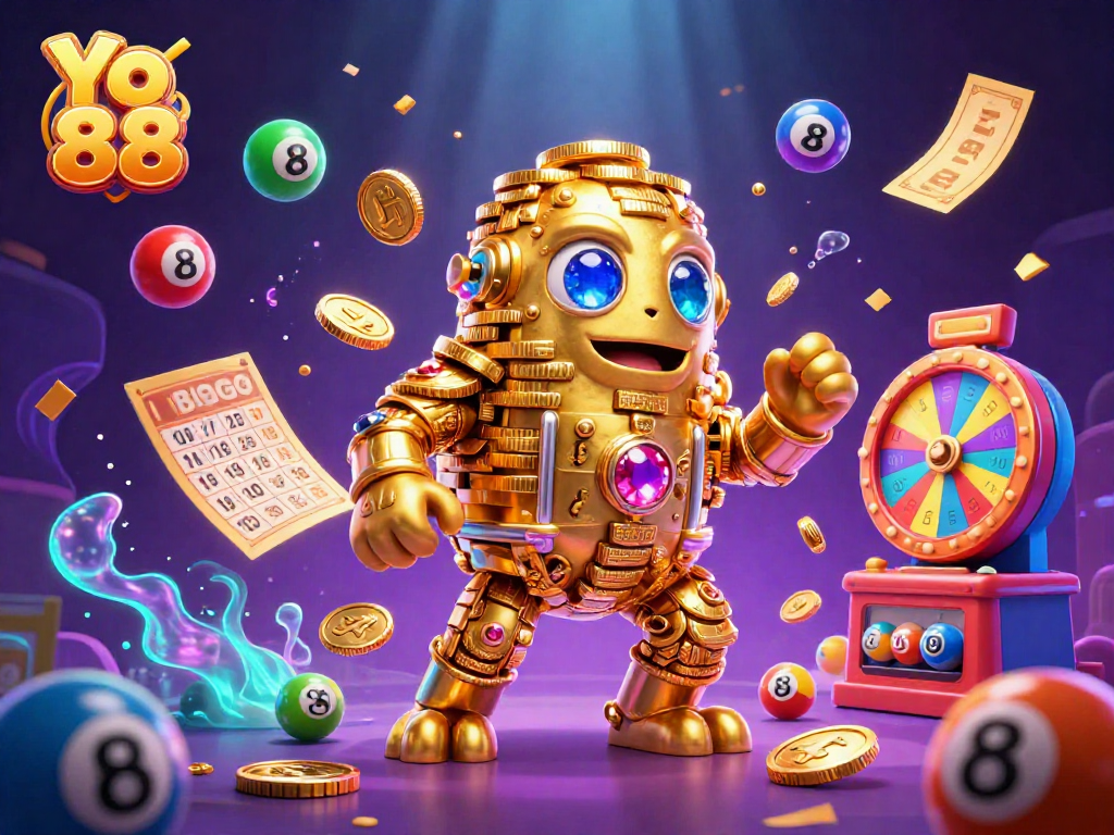 Enticing Yo 88 display featuring a dynamic golden golem surrounded by vivid lottery elements, enhancing player engagement.