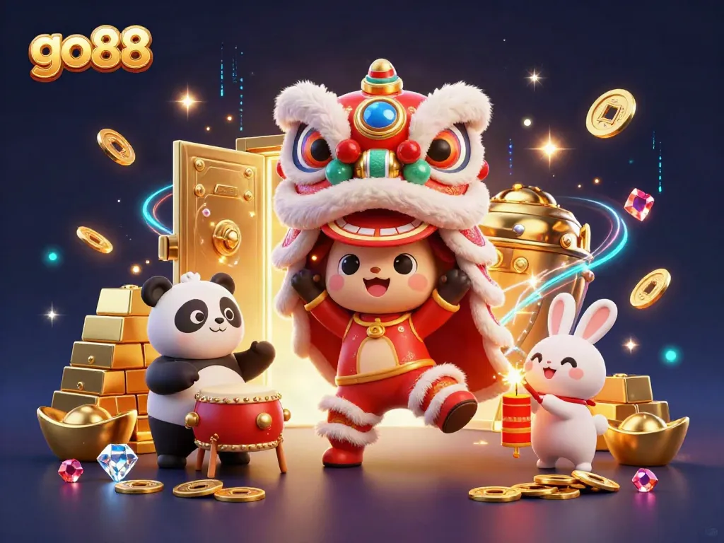 Engage with go88's vibrant casino world featuring lion dance characters and sparkling treasures.