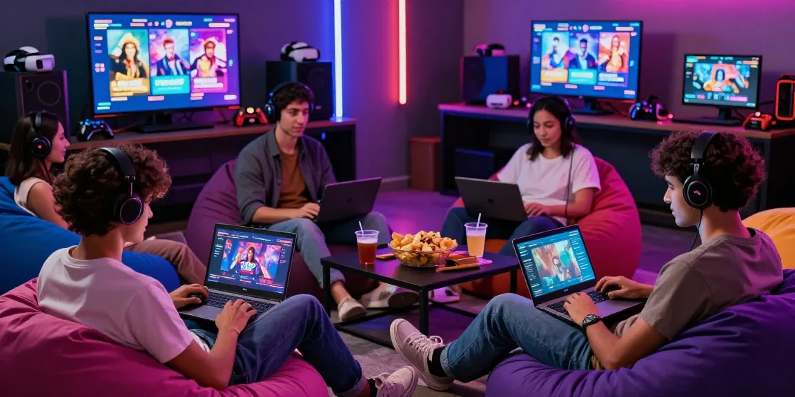 Diverse friends playing engaging porn games HTML in a vibrant gaming lounge with colorful graphics
