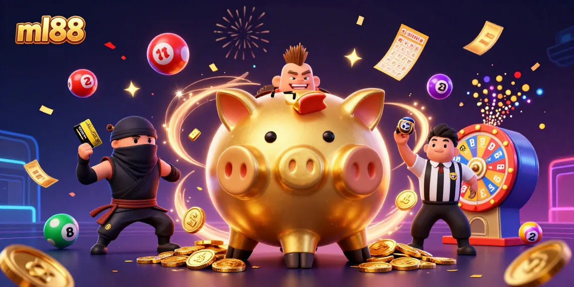 Winning coins rain from the piggy bank sumo wrestler at ml88's vibrant casino scene.