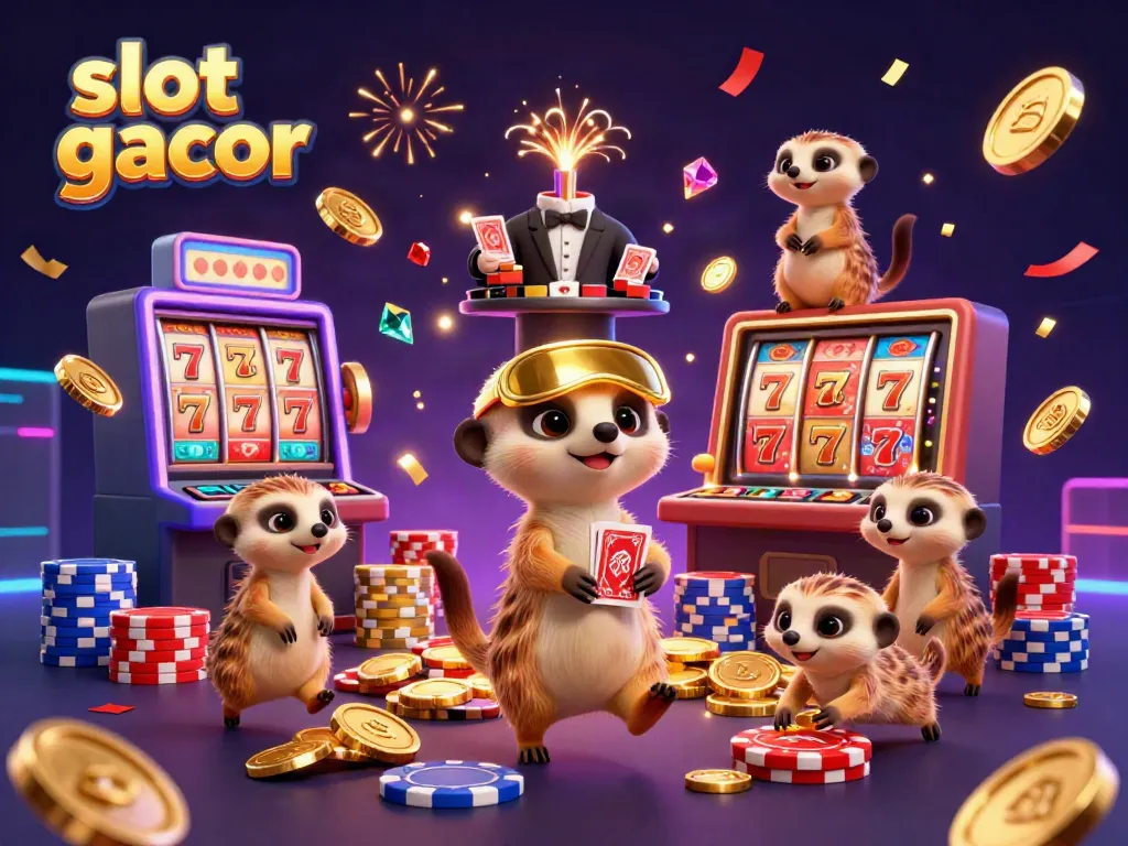 Experience thrilling slot gacor action with playful meerkats managing a vibrant casino scene.