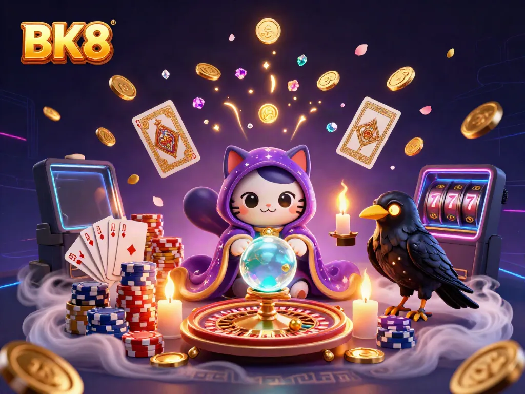 Engage in thrilling games at BK8 with a vibrant scene of a mystic cat, tarot raven, and dazzling casino elements.