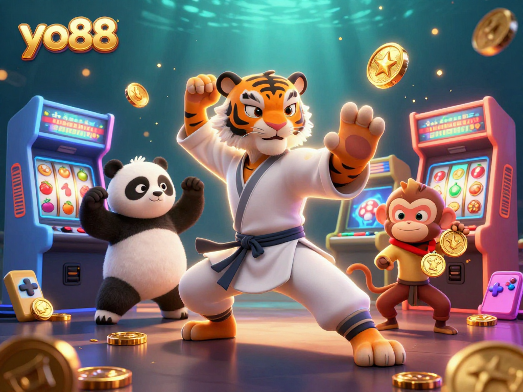 Experience excitement at yo88 with a dynamic scene of a kung fu tiger amidst slot games and playful characters.
