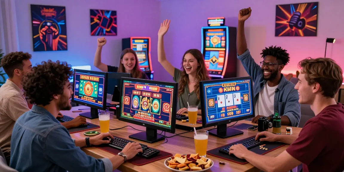 Friends enjoying solbet online gaming experience, celebrating a win with vibrant casino graphics and snacks.