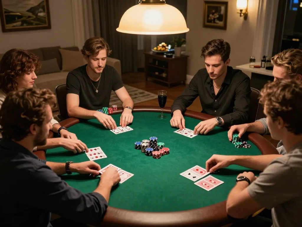 A lively poker night at home with friends showcasing the 98win club experience, intense gameplay and social interaction.