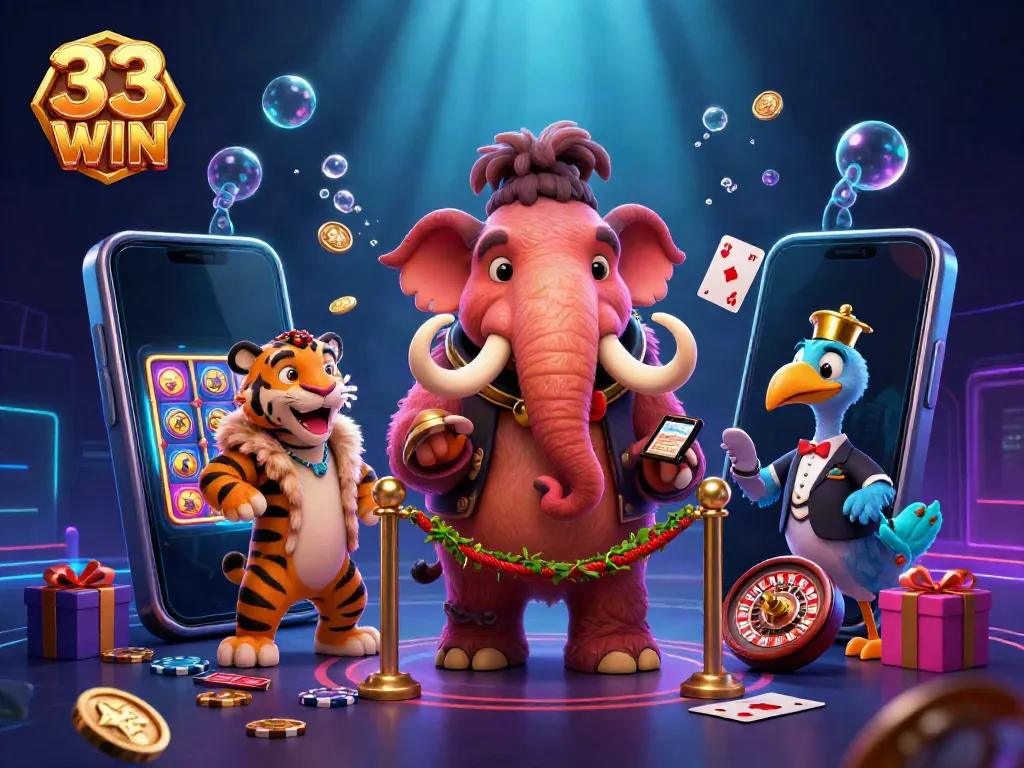 33 WIN engages players with a vibrant scene of a woolly mammoth bouncer, saber-tooth VIP, and dodo doorman in a dynamic casino atmosphere.