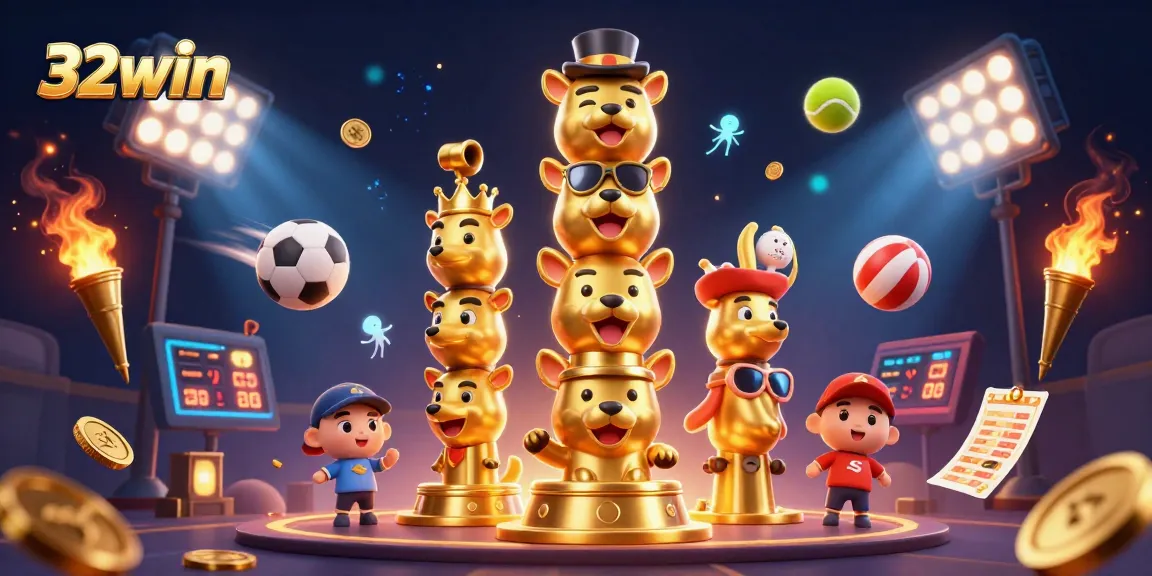 Experience dynamic sports betting action with 32win's colorful totem and sports elements.