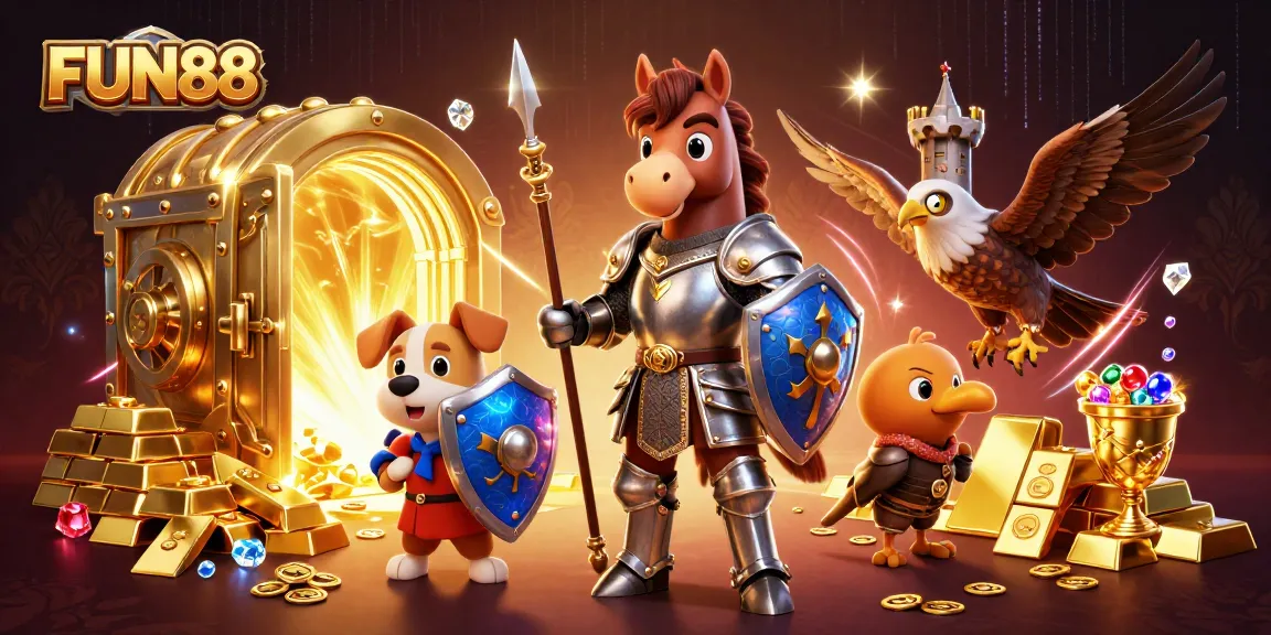 Explore the dynamic FUN88 casino scene featuring a medieval knight, a puppy squire, and treasures galore.