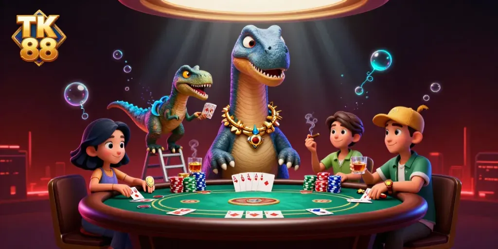 Engage in thrilling casino action with TK 88 featuring a vibrant illustration of a giant brontosaurus at a poker table.