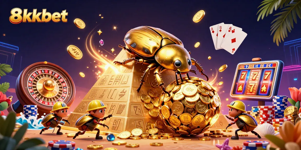 Join the fun at 8xbet with a colorful casino scene featuring gold coins, beetles, and vibrant game elements.