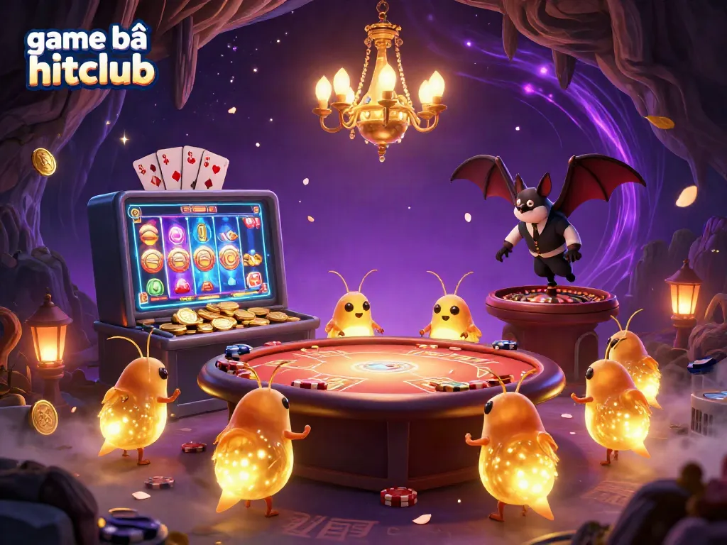 Experience the thrill of game bài hitclub with a colorful casino scene featuring lively glowworms and thrilling games.