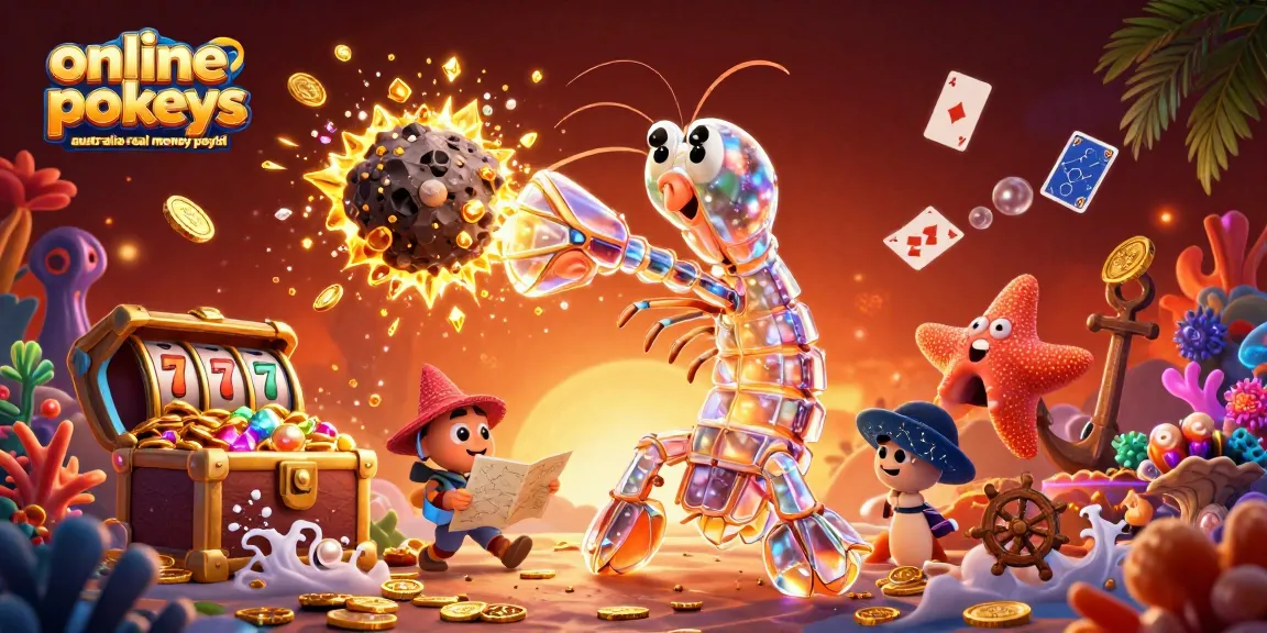 Play online pokies australia real money payid with vibrant 3D casino-themed illustration showing slot reels and treasures.