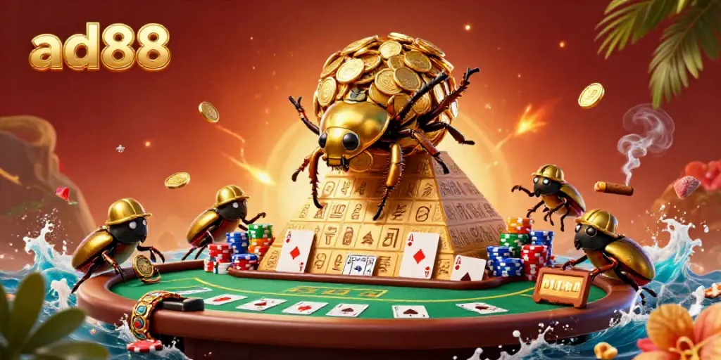 Experience the excitement of ad88 with a vibrant casino scene featuring golden beetles and poker elements.