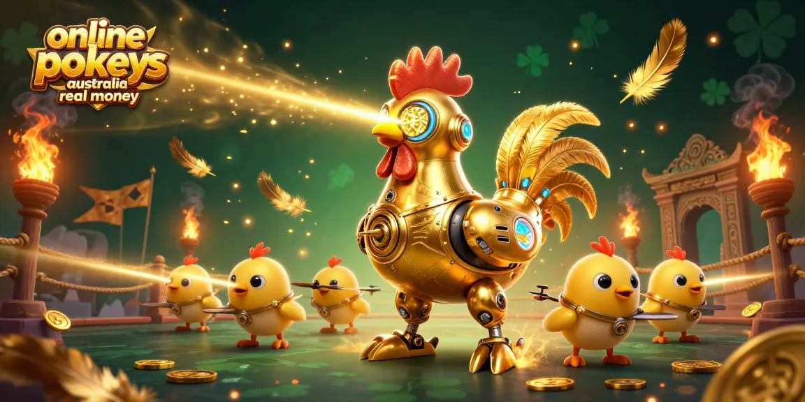 Experience online pokies Australia real money with a vibrant 3D illustration of a golden rooster robot in action.