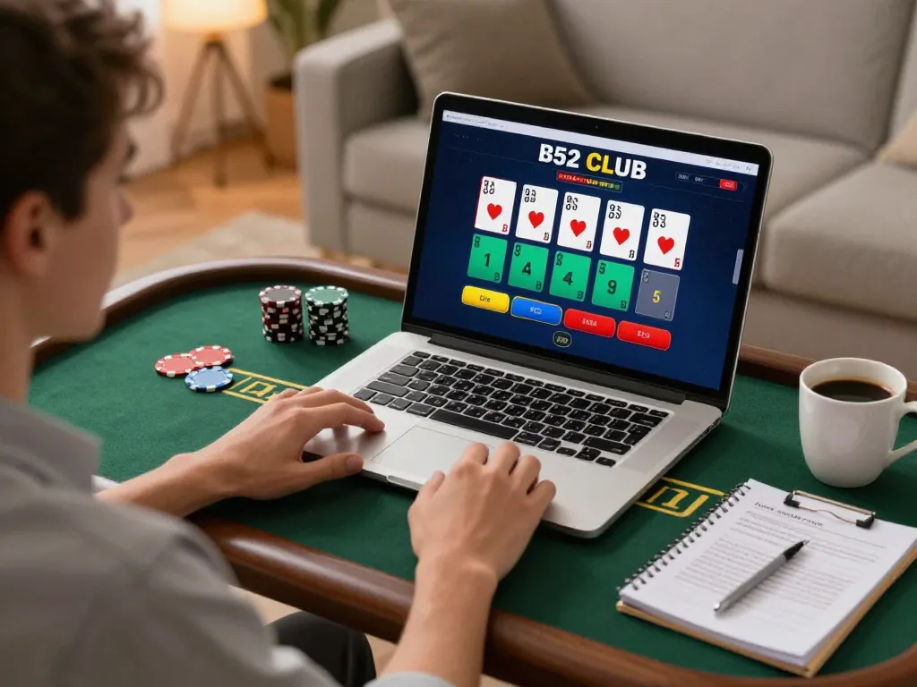 B52 Club player strategizing during an online blackjack game in a cozy home setting
