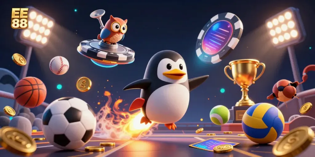 Experience the exciting casino universe with EE 88, featuring a golden penguin racing to a poker chip station surrounded by dynamic sports elements.