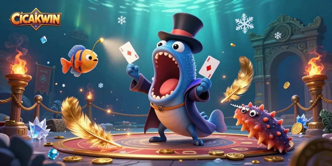 CICAKWIN showcases magical gambling moments with an eel magician and anglerfish spotlighting thrilling slot action.