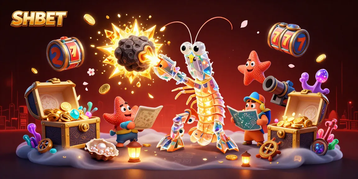 SHBET features a galactic samurai mantis shrimp amidst a treasure explosion, celebrating casino excitement.