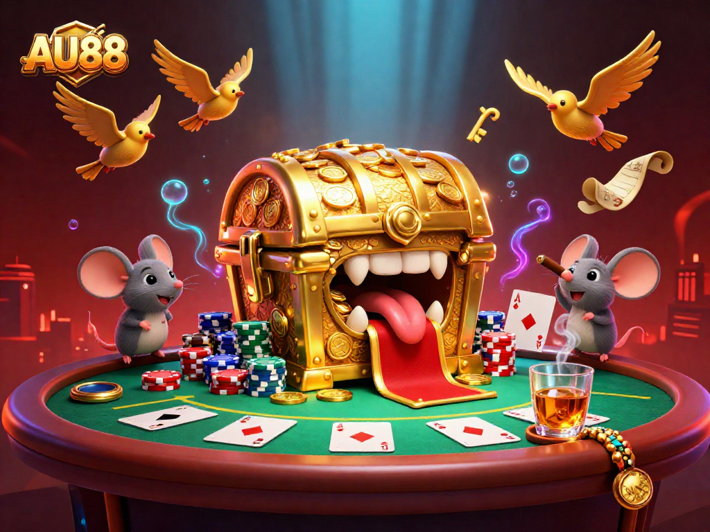 Engage in thrilling action at AU88, featuring irresistible gambler-themed illustration full of excitement.