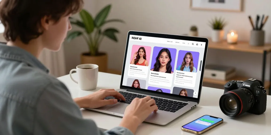 User customizing NSFW AI features on a laptop in a cozy home office, showcasing playful character visuals and vibrant interaction.