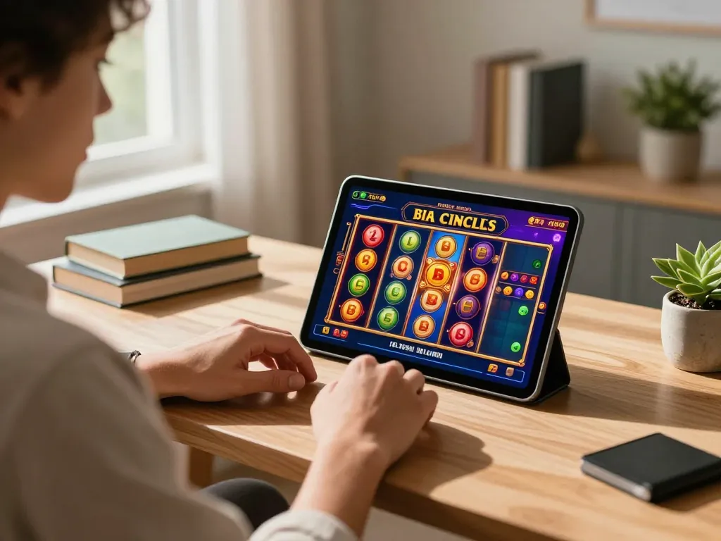 Experience exhilarating online gaming at nhà cái okfun with colorful slot games on a tablet in a cozy home.