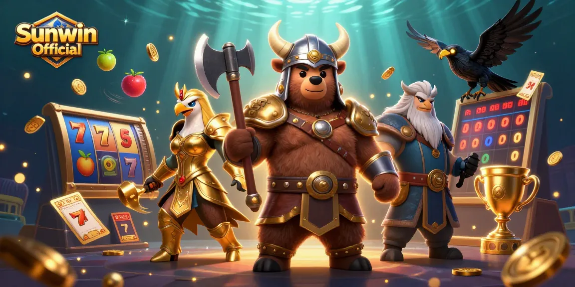 Engage with Sunwin Official's vibrant gaming atmosphere featuring slot reels and iconic characters.
