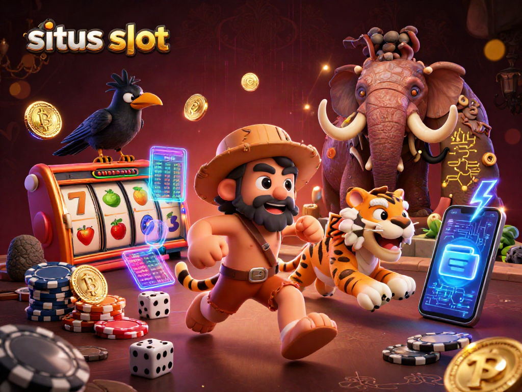 Experience the excitement of situs slot gaming in a dynamic prehistoric casino scene.