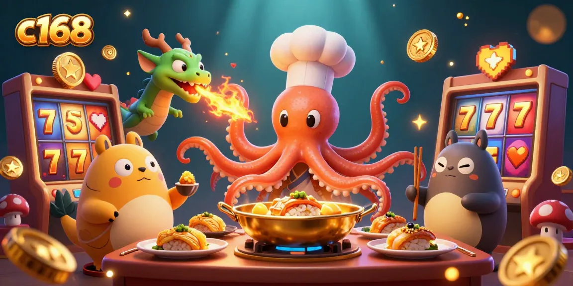 Cook and win with c168 in an exciting casino scene featuring unique characters and games.
