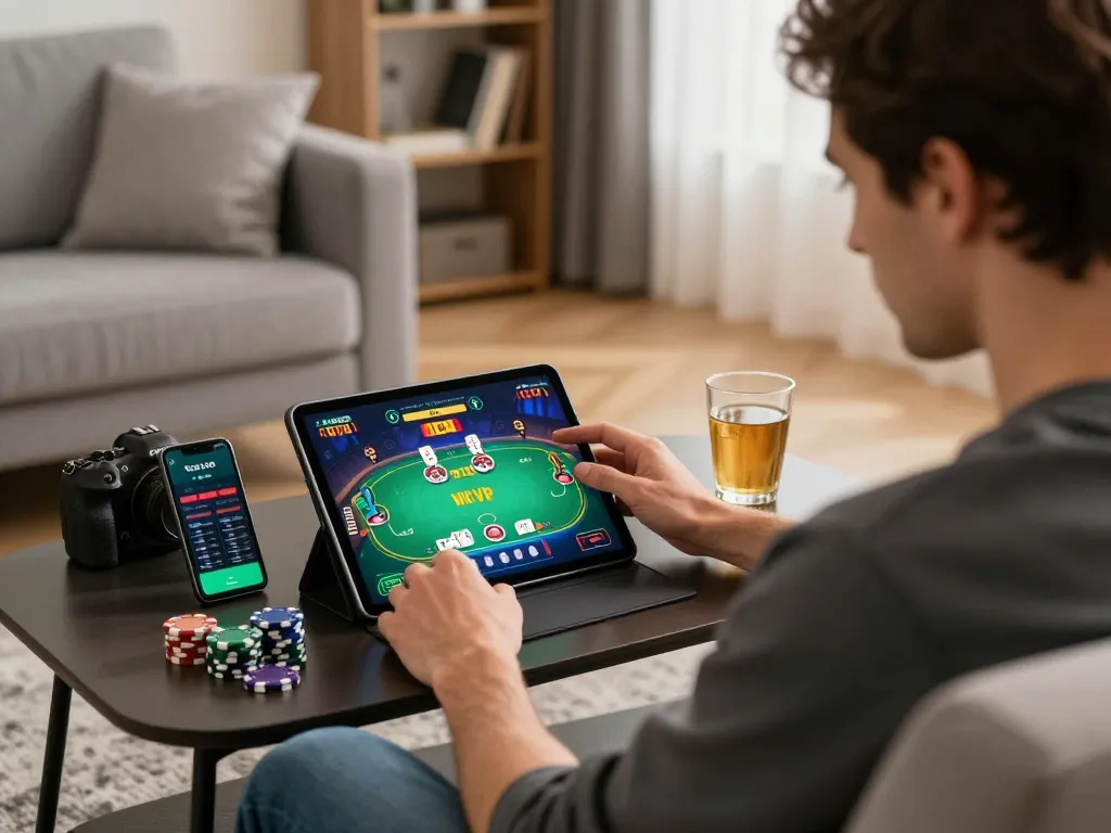Person playing rik vip online poker game on tablet, with chips and betting apps, in a cozy living room.