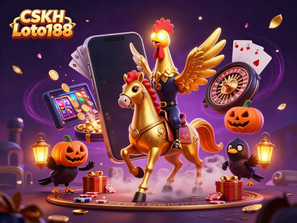 Experience the thrilling world of CSKH Loto188 with golden rooster and spectral horse in a lively casino