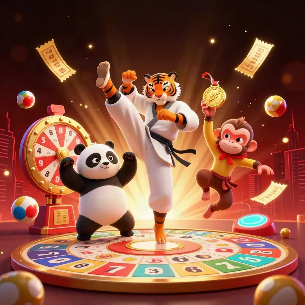 Kung-fu tiger, panda, and monkey amid casino lights, jackpot props, and spinning game elements.