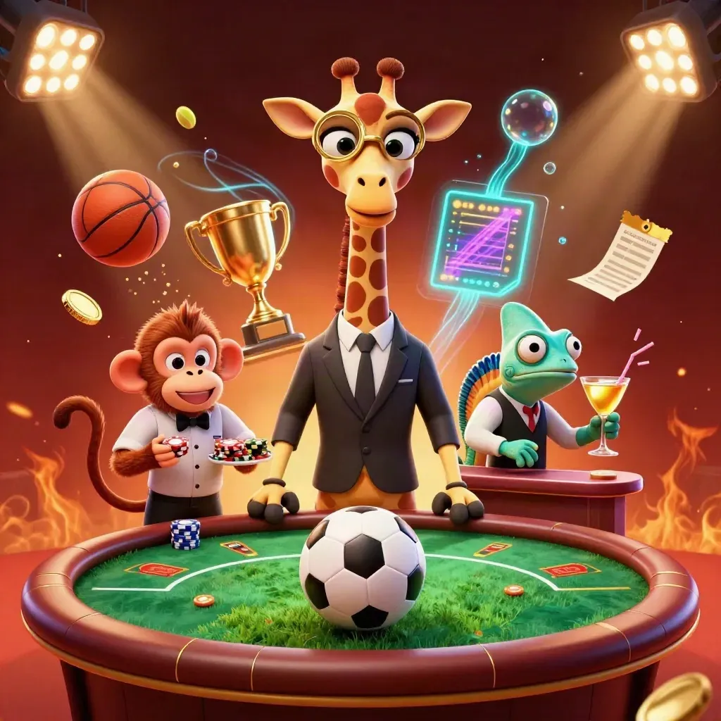 Cartoon giraffe, monkey, and chameleon amid flying sports balls, gold coins, and stadium lights.